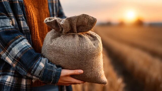 A person holds a burlap sack against the backdrop of a wheat field during sunset