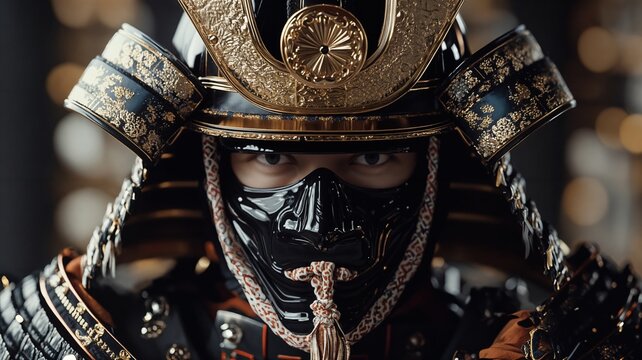 A close-up portrait of a formidable Japanese samurai warrior in traditional ornate armor, capturing the intense and focused spirit of a fighter