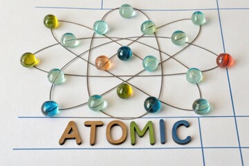 Colorful Atomic Model with Beads and Letters on a White Background