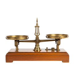 Antique brass balance scale with wooden base and weights for precise measurement isolated on transparent background