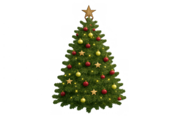 Christmas tree decorating in festive red and gold colors, celebrating winter holiday spirit, transparent background