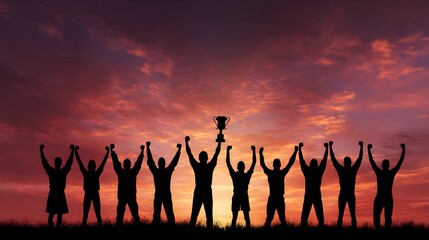 A victorious team lifts a gleaming trophy against a stunning sunset, their arms raised in celebration. The vibrant sky and silhouettes convey joy, achievement, and the thrill of sports triumph.
