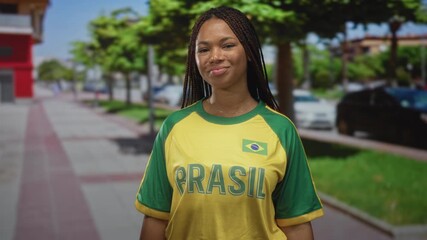 Young african american woman smiles on sunny street in casual yellow brasil shirt with brazil flag, braided hair and relaxed posture; national pride culture. - Powered by Adobe