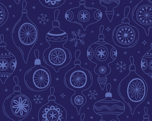 Christmas seamless pattern, doodle outline illustrations of vintage Christmas toys on dark blue background. Design for festive wrapping paper, textile, print.