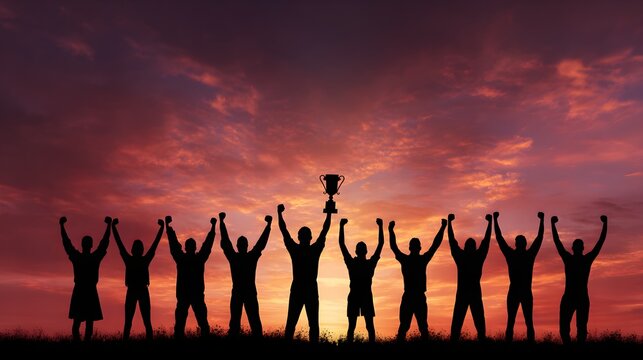 A victorious team lifts a gleaming trophy against a stunning sunset, their arms raised in celebration. The vibrant sky and silhouettes convey joy, achievement, and the thrill of sports triumph.