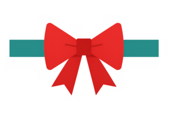 Red ribbon bow with teal wrapping a present, creating a festive decoration. Vector graphic with transparent background