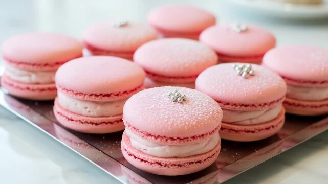 Delicate Pink Macarons on Silver Tray - A Sweet Treat Delight.