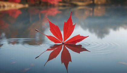 Red Maple Leaf Floating on Serene Water with Reflection
