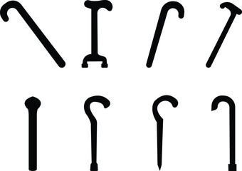 Diverse cane icon set, walking sticks, medical support aids, elderly assistance tools, inclusive mobility equipment, and accessibility symbols for healthcare and rehabilitation design, ergonomic grip,