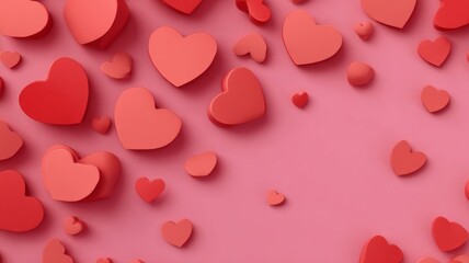 Red heart shapes scattered on soft pink background for Valentine&rsquo;s Day romantic love theme, flat lay composition for greeting cards, invitations, and festive decorations