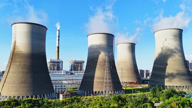 nuclear power plant with cooling towers