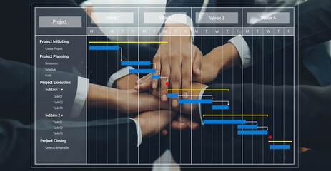 A visually engaging overview of project management showcasing a diverse business team collaborating...