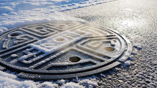 Steaming manhole cover on a snowy winter street. Vertical video of frost and vapor rising from a hot sewer grate in the cold. Urban heat contrast concept