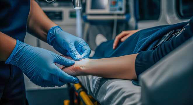 Paramedic checking patient脉冲 in ambulance. Emergency medical service provides first aid during transport. Healthcare professional.