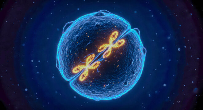 Blue cell with glowing orange chromosomes undergoing division. Microscopic view of genetic material replicating during meiosis or mitosis for education.