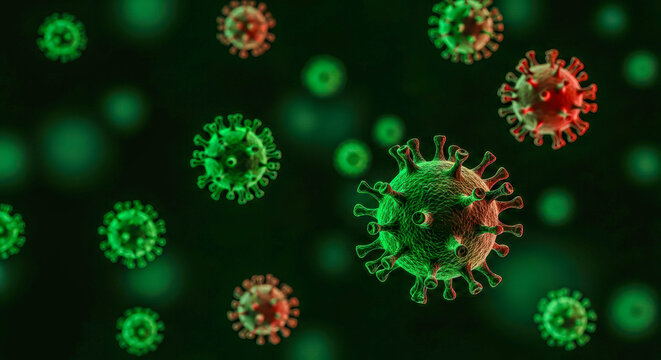 Coronavirus cells 3D rendering against dark green background. Microscopic view of virus causing disease and infection. Medical research and scientific concept.