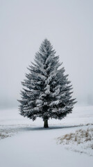 Obraz premium Winter scene of snow covered christmas tree in a snowy white landscape