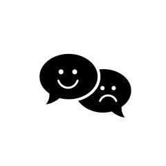 A simple glyph icon depicting two chat bubbles with happy and sad emoticons for online reviews and mood tracking