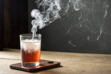 Glass of Smoky Cocktail with Ice and Wisps of Vapor Rising Above