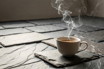 Hot Coffee Cup with Steam on Slate Surface in Natural Light