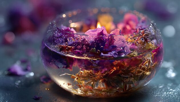 Small organic candle shown in floating biotic sphere with petals rain droplets and twilight
