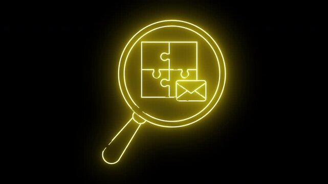 A luminous yellow magnifying glass frames a fourpiece puzzle  an envelope against a stark black backdrop