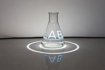 Laboratory Glassware with Illuminated Lab Sign on Reflective Surface