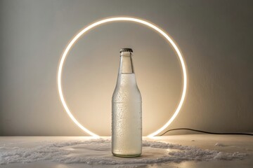 Refreshing Glass Bottle of Carbonated Drink With Neon Circle Background