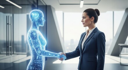 A businesswoman shakes hands with a holographic ai figure in a modern office, symbolizing the integration of technology and business
