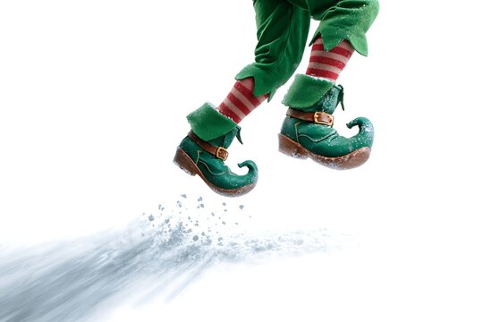 Elf legs in green shoes and striped socks jumping in snow on white background
