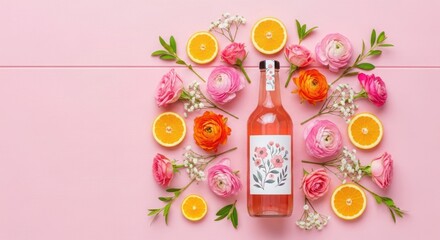 Refreshing pink lemonade bottle surrounded by ranunculus flowers and orange slices on a pink background creating a vibrant and summery composition