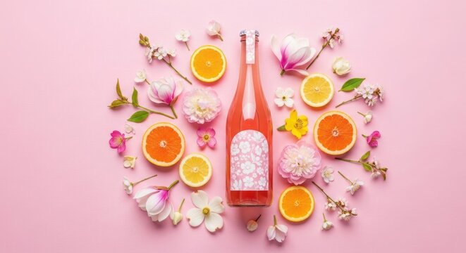 Refreshing pink lemonade bottle surrounded by magnolia flowers and citrus slices on a pink background creating a vibrant and summery flat lay