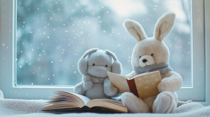 Fototapeta premium 冬の室内でぬいぐるみが本を読む温かな光景、雪降る窓辺と優しい毛布に包まれたクマとウサギの可愛い物語風イラスト、冬の読書、暖炉、癒し、ほっこり、かわいい