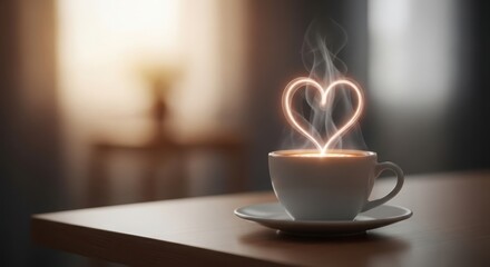Fototapeta premium A cup of coffee with steam forming a heart shape, symbolizing love and warmth, set against a softly blurred background with gentle light