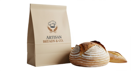 Artisan bread loaf with a slice next to a paper bag with artisan breads and co logo on it