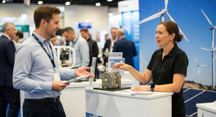 Professional conversation at a clean energy trade show, showcasing wind turbine and solar panel display, promoting renewable energy solutions