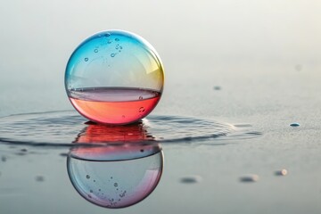 Colorful Bubble on Still Water Surface with Soft Reflection