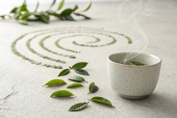 Aromatic Herbal Tea and Fresh Leaves on Rustic Stone Surface