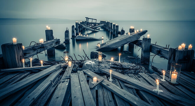 Dilapidated wooden pier planks weathered and broken adorned with many flickering candles.