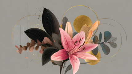 Pink lily floral digital art with gold accents