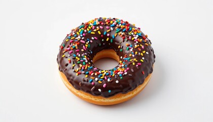 A donut with chocolate frosting and colorful sprinkles, isolated on white