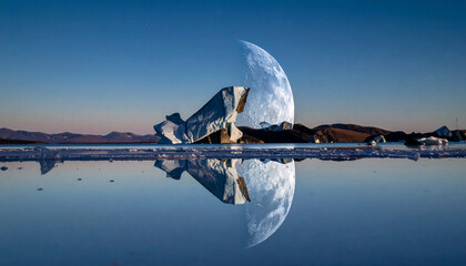 Iceberg and moon reflection in a tranquil lake