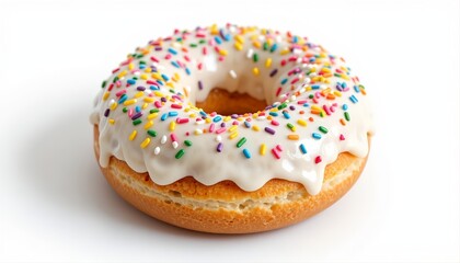 A donut with white chocolate frosting and colorful sprinkles, isolated on white