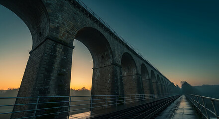 Fototapeta premium Massive stone viaduct with multiple arches rugged texture extending into the distance under a twilight sky.