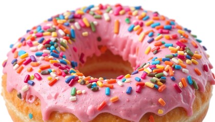 A donut with pink frosting and colorful sprinkles, isolated on white
