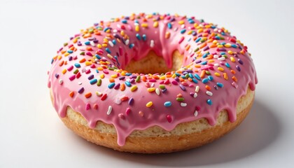A donut with pink frosting and colorful sprinkles, isolated on white