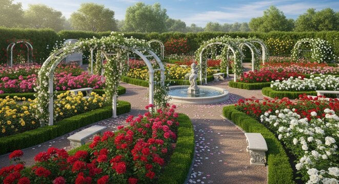 Stunning rose garden with vibrant blooms and elegant fountain evokes serenity and classic beauty, perfect for wedding themes, romantic getaways, or peaceful outdoor settings