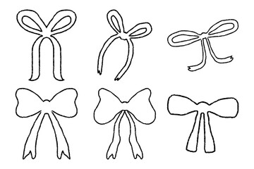 Set of Decorative Bows in Various Styles. Black hand drawn Silhouette Bow Collection for Gift Wrap and Festive Design on White Background