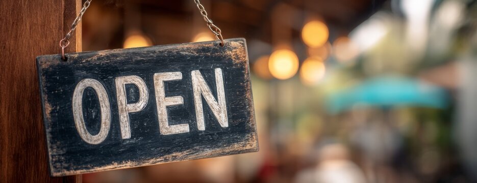 Open sign hanging on wooden door in restaurant during daytime   - Powered by Adobe