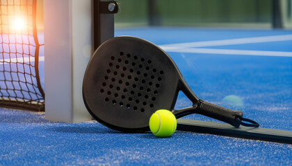 Black paddle with yellow ball beside fence on blue turf during sunset